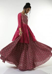 Berry Pink Long Dress With Floral Jaal Print And An Attached Peplum Jacket With Front Tie Up And Zari Work