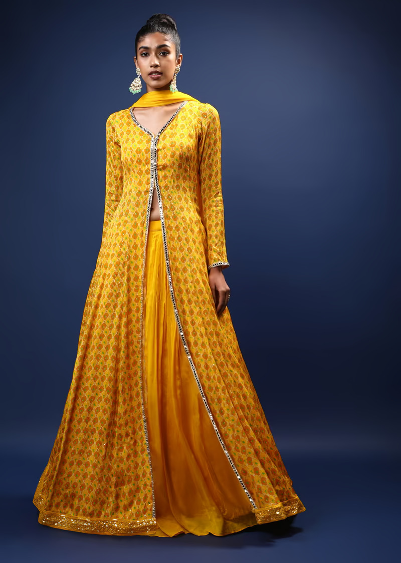 slim fit dress slacks Yellow Chinon Embroidered Anarkali with Dupatta main image 1