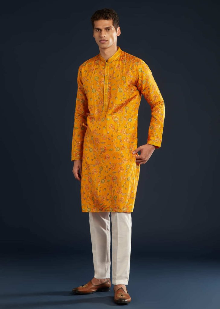 Mustard Yellow Silk Mens Kurta Set with Resham Sequins

