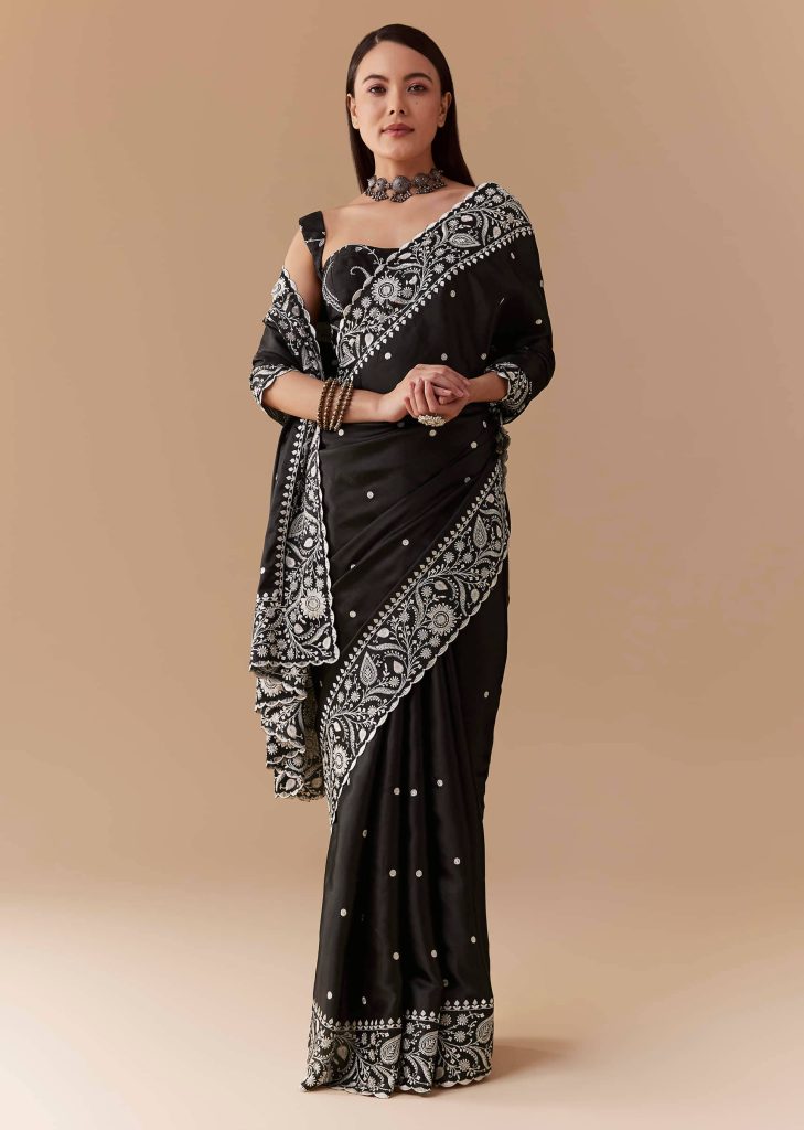 Black Cotton Satin Embellished Saree with Unstitched Blouse