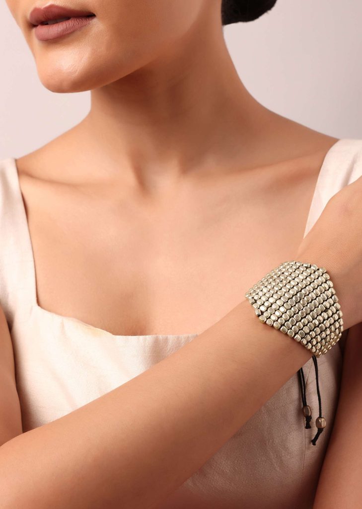 Silver Tone Bangle With Kundan Stones