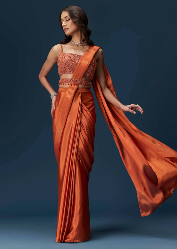 Orange Ready Pleated Saree With Square Neck Blouse

