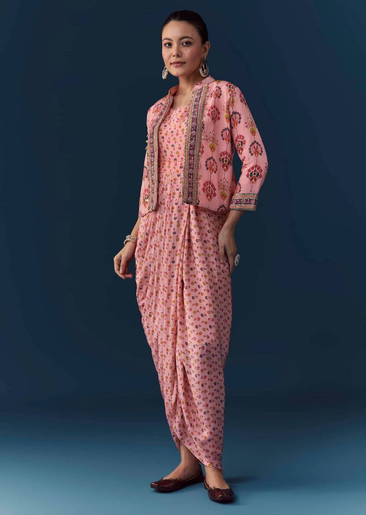 Baby Pink Floral Print Draped Gown with Sequins Jacket

