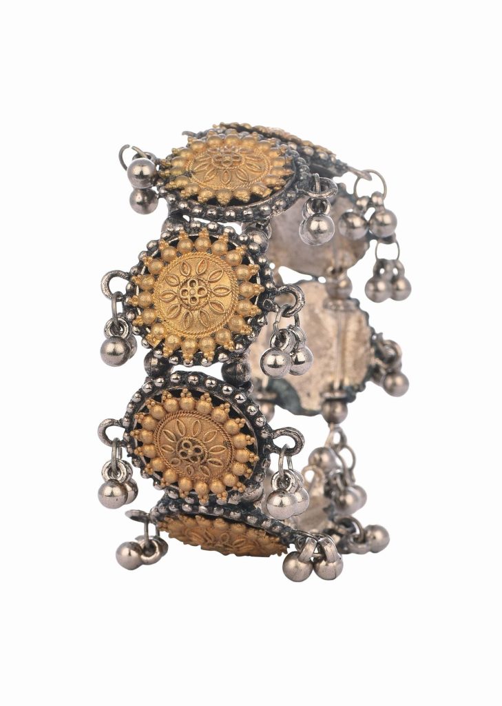 Silver And Yellow Oxidized Bangles In Mix Metal