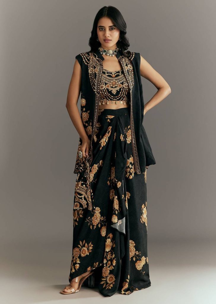 Black Muslin Croptop Set With Floral Printed Skirt Jacket