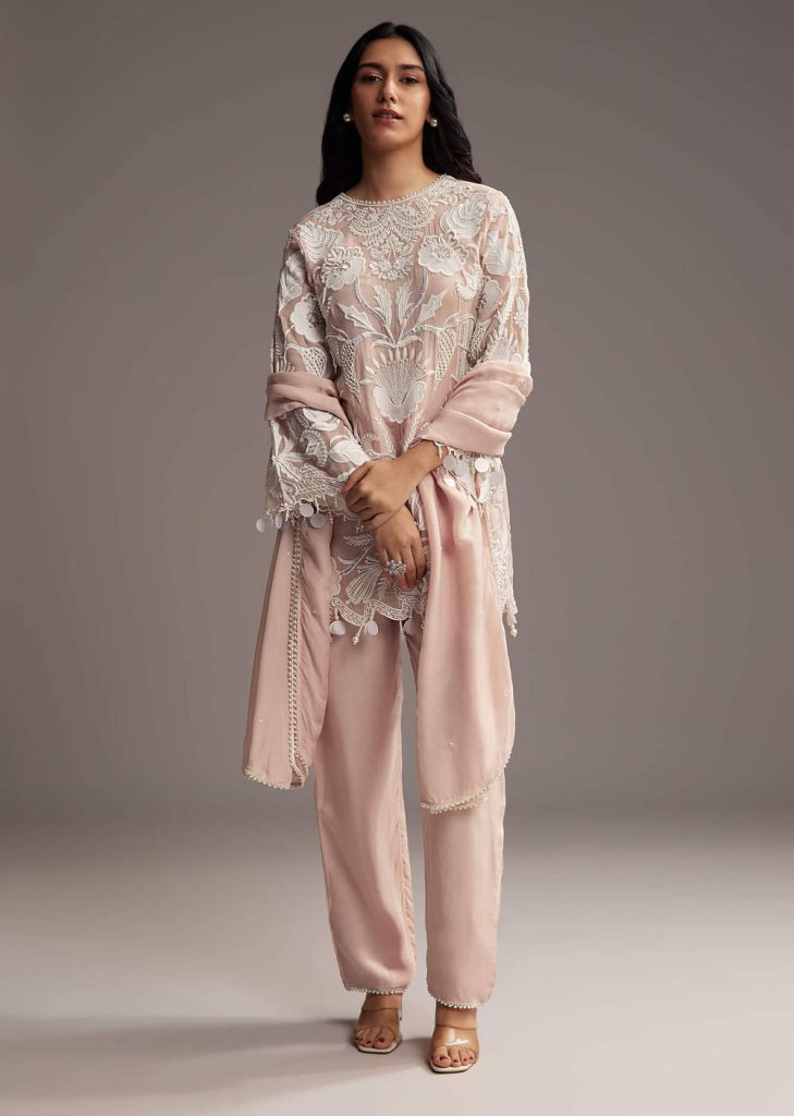 Peach Organza Kurta Set With Thread And Moti Work


