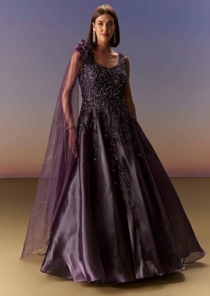 Purple Sleeveless Gown With Floral Shoulder Embroidery And Trail


