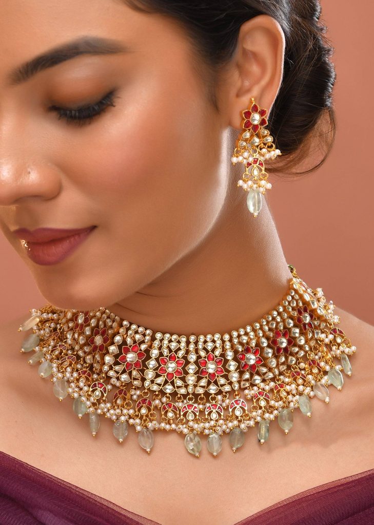 Multi Red Necklace Set With Pachi Kundan

