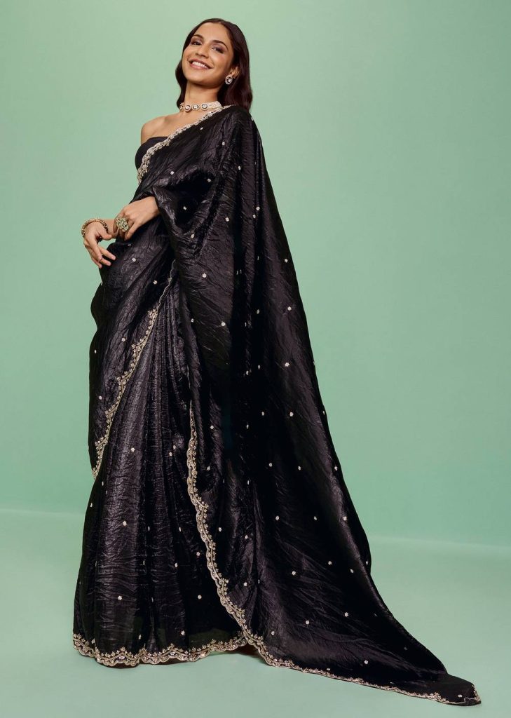 Black Crushed Tissue Saree With Sequin And Cutdana Embroidered Border

