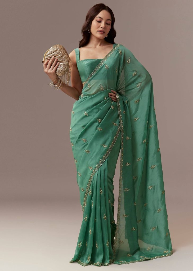 Green Kora Silk Saree With Cutdana Beads And Stone Embroidery

