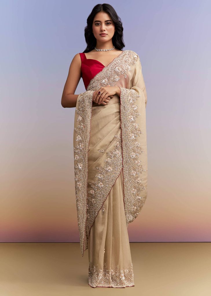 Beige Tissue Jacquard Saree With Heavy Hand Work