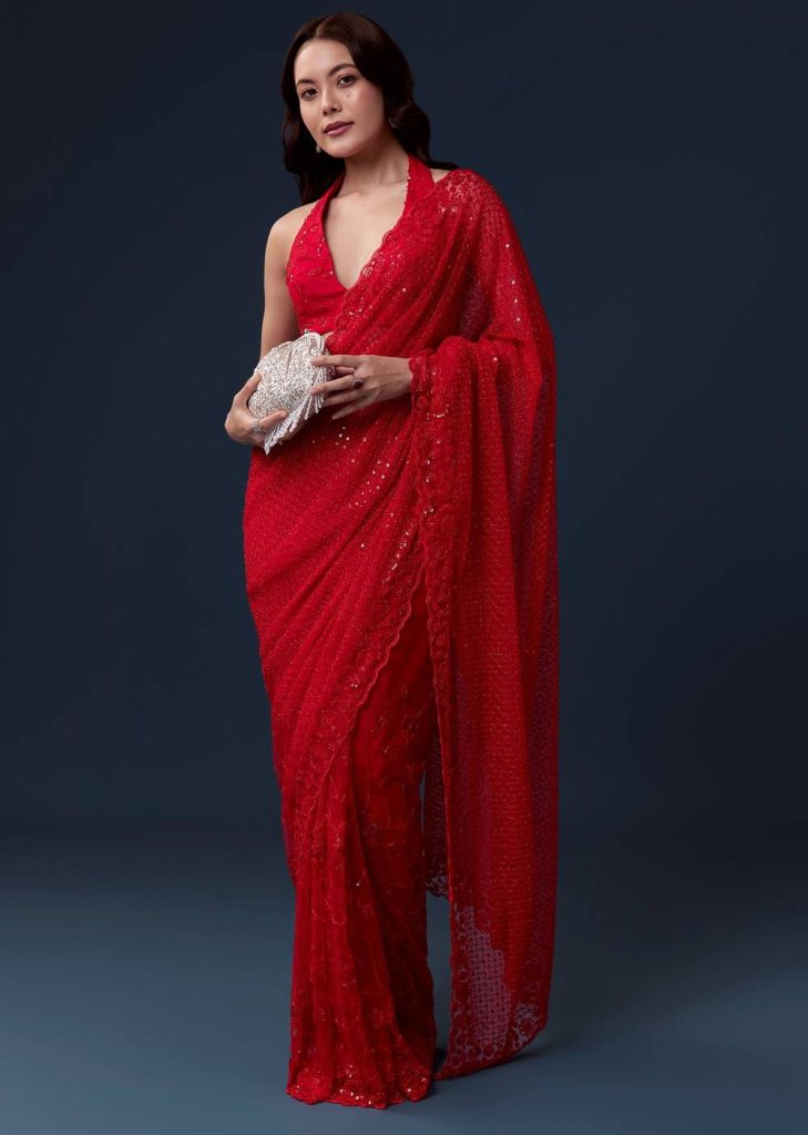 Red Net Saree With Cutdana Beads And Sequin Embroidery

