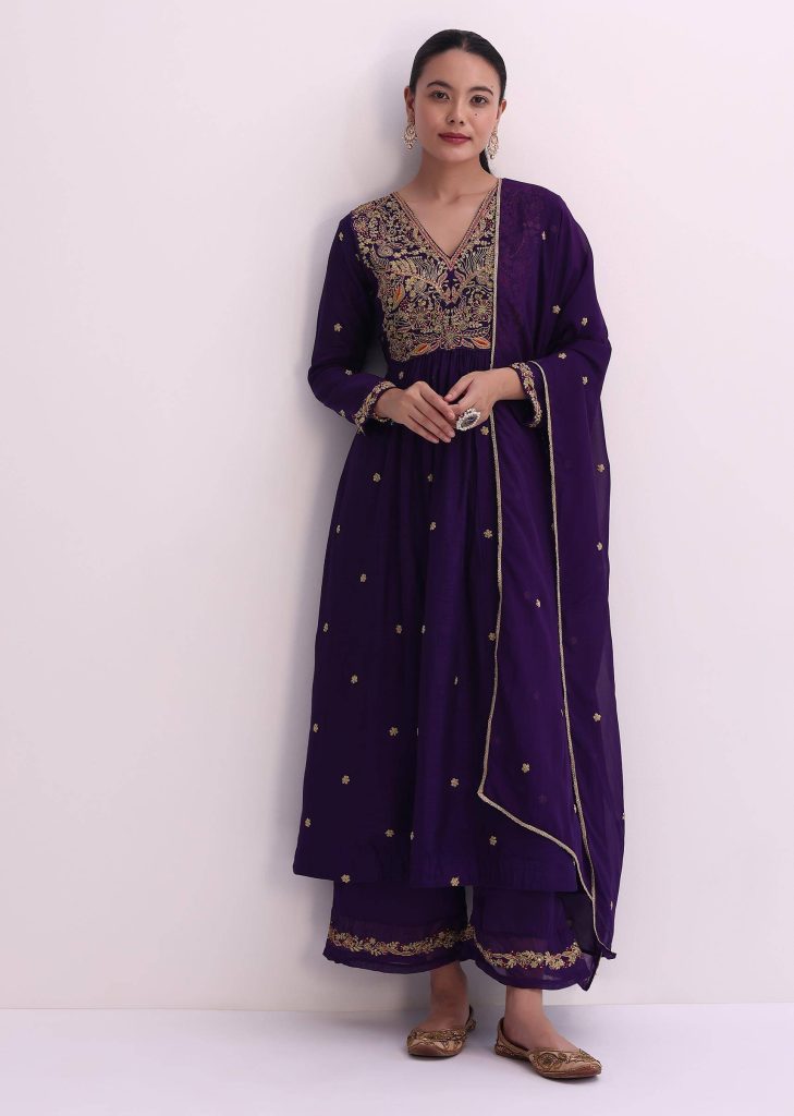 Purple Silk Palazzo Set With Zari Embroidered A-Line Kurta And Dupatta

