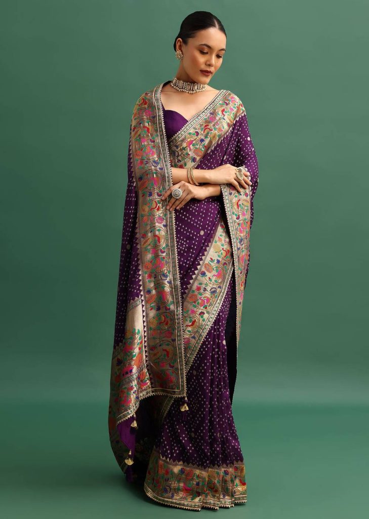Purple Silk Woven Bandhani Saree With Paithani Border Pallu And Unstitched Blouse

