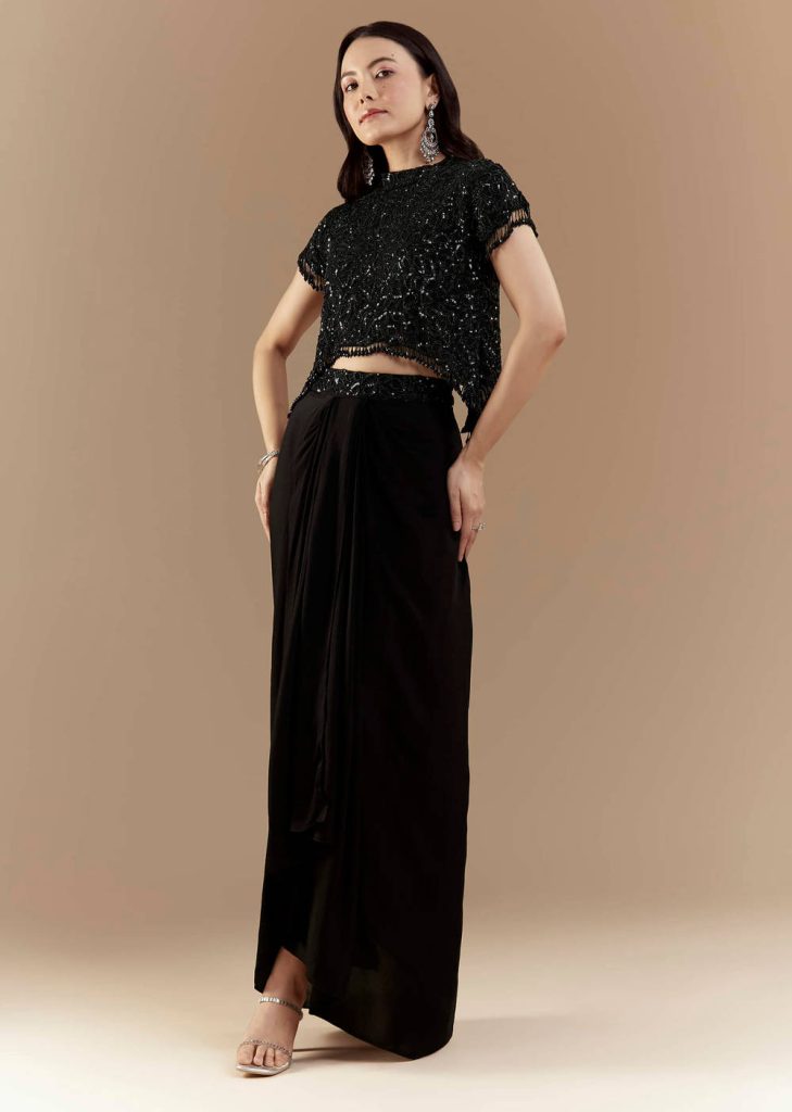 Black Embroidered Crop Top and Skirt Set
