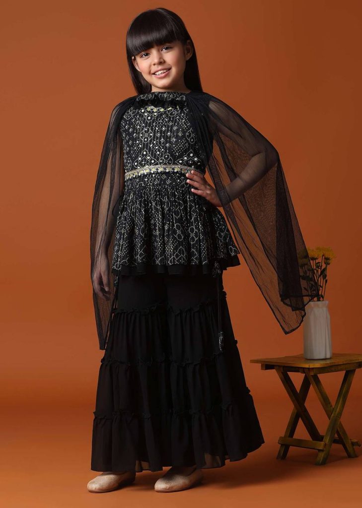 KALKI Black Kurti And Sharara Set With Mirror Work For Girls

