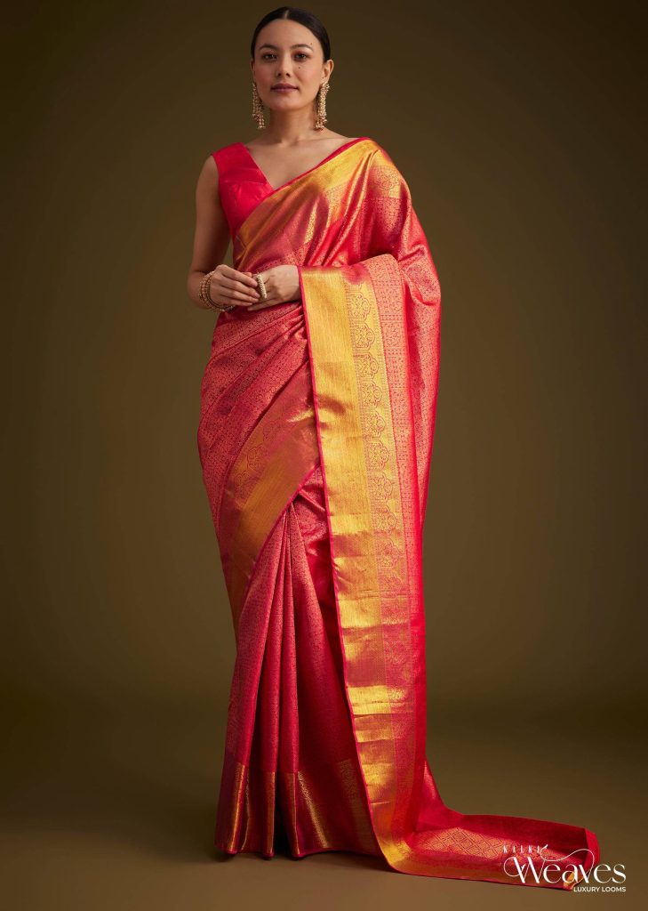 Rani Pink Kanjivaram Silk Saree With Golden Zari Detailing
