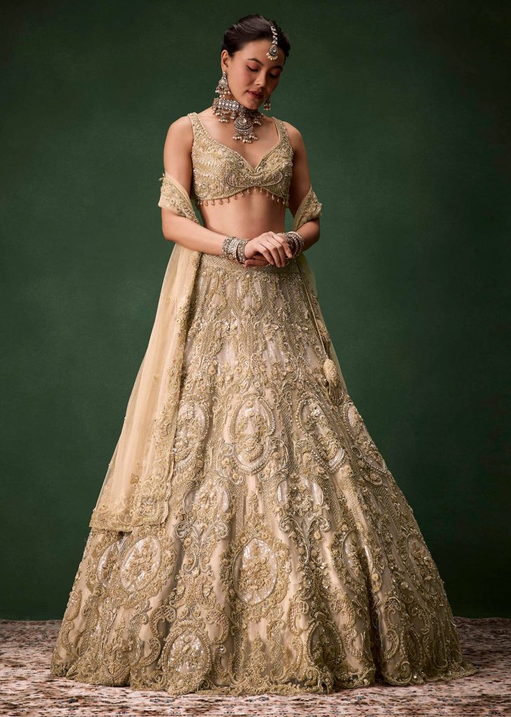 Beige Gold Heavy Work Bridal Lehenga Set with Two Dupattas

