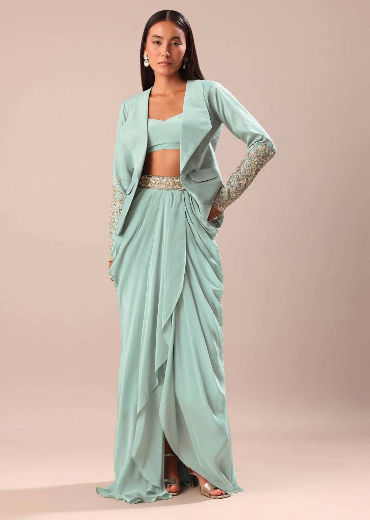 Sky Blue Draped Skirt With Embroidered Blouse And Jacket

