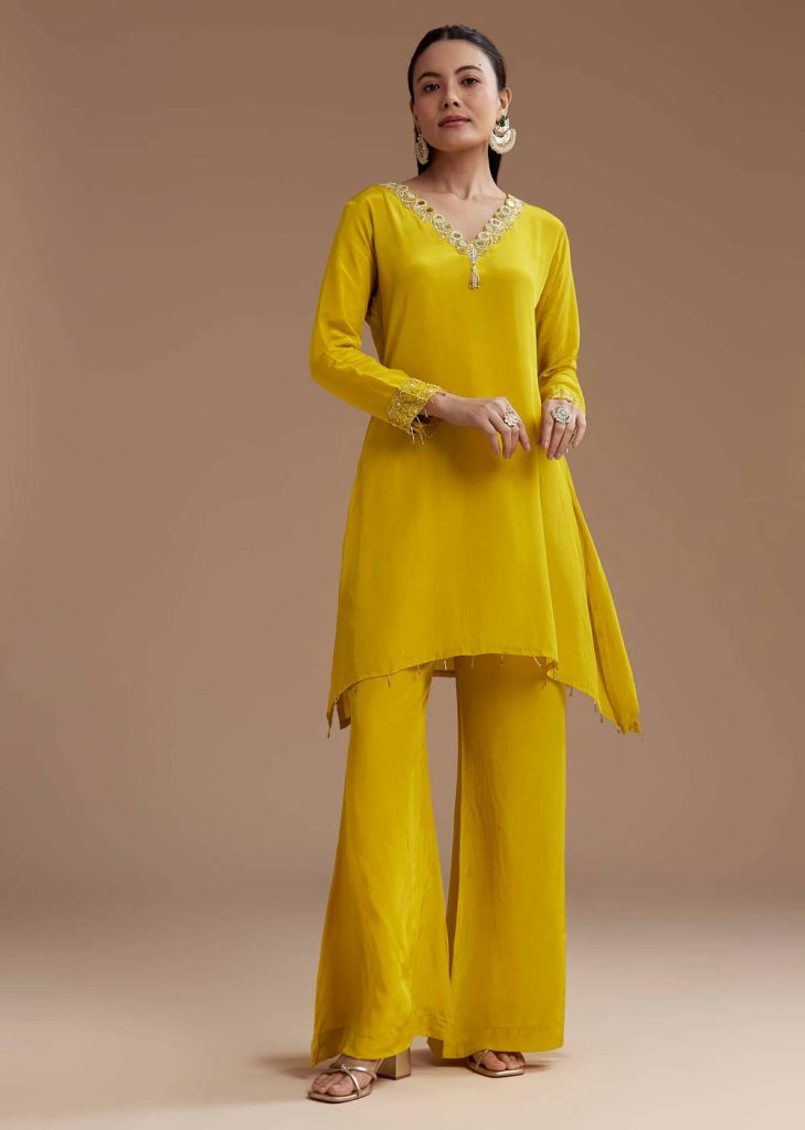 Yellow Asymmetric Kurta and Palazzo Set

