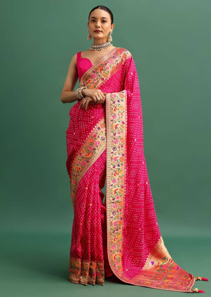 Hot Pink Woven Bandhani Silk Saree With Paithani Border Pallu And Unstitched Blouse

