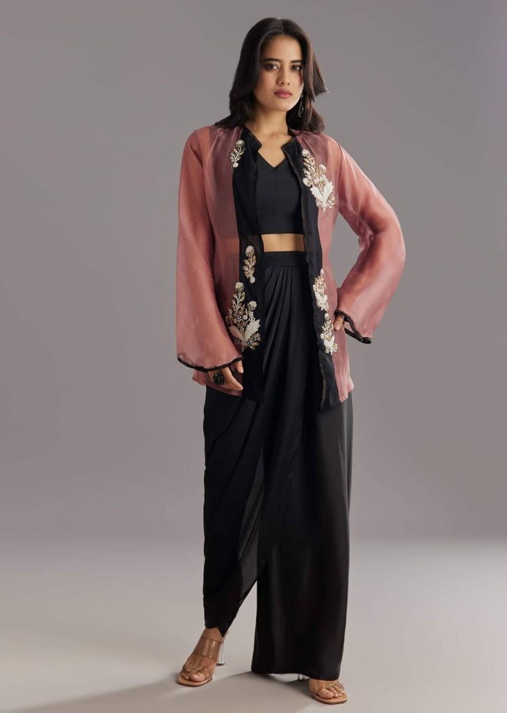 Black Organza Jacket and Satin Dhoti Palazzo Set With Zardosi Embroidery


