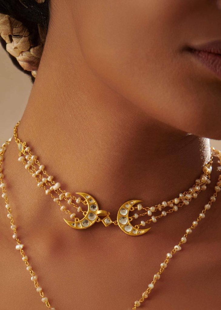 Gold Choker Necklace With Crescent Motifs And Pearl Detailing