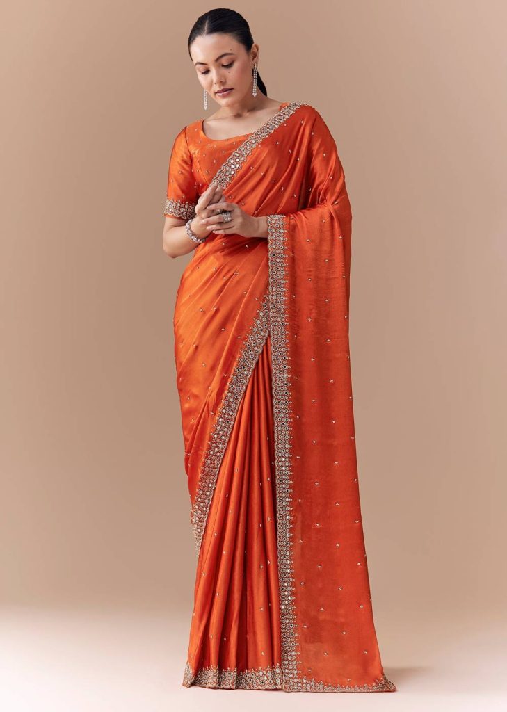 Rust Orange Embroidered Border Saree with Blouse Fabric