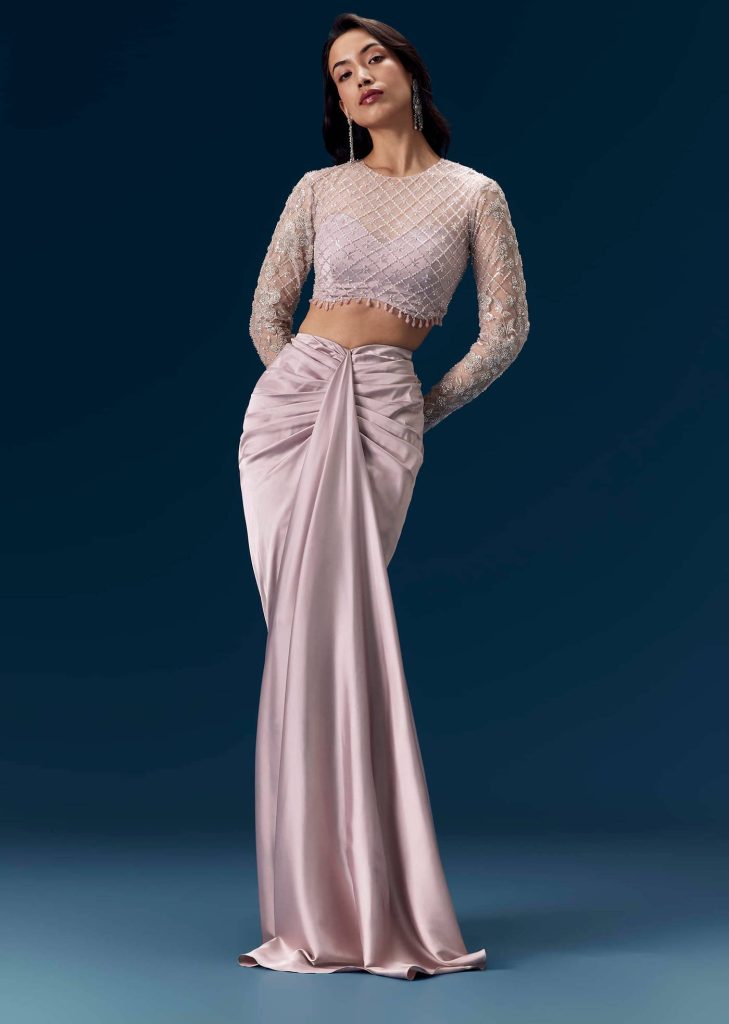 Mauve Crop Top and Draped Skirt Set

