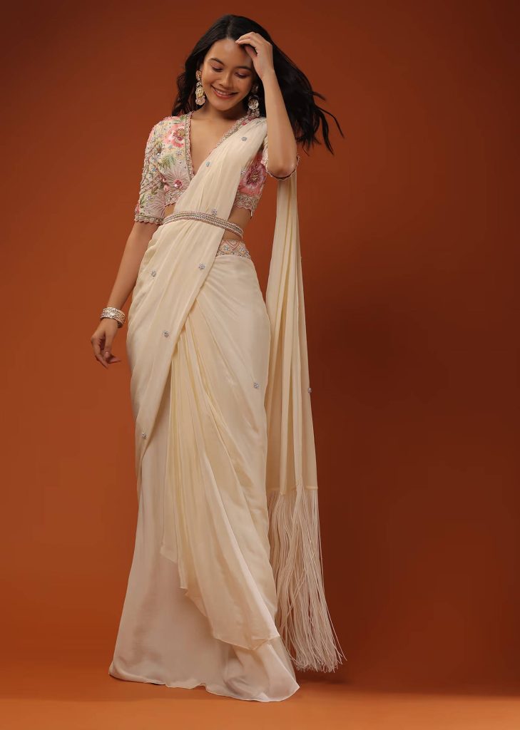 Cream White Ready Tp Wear Saree With Floral Hand Work On The Blouse

