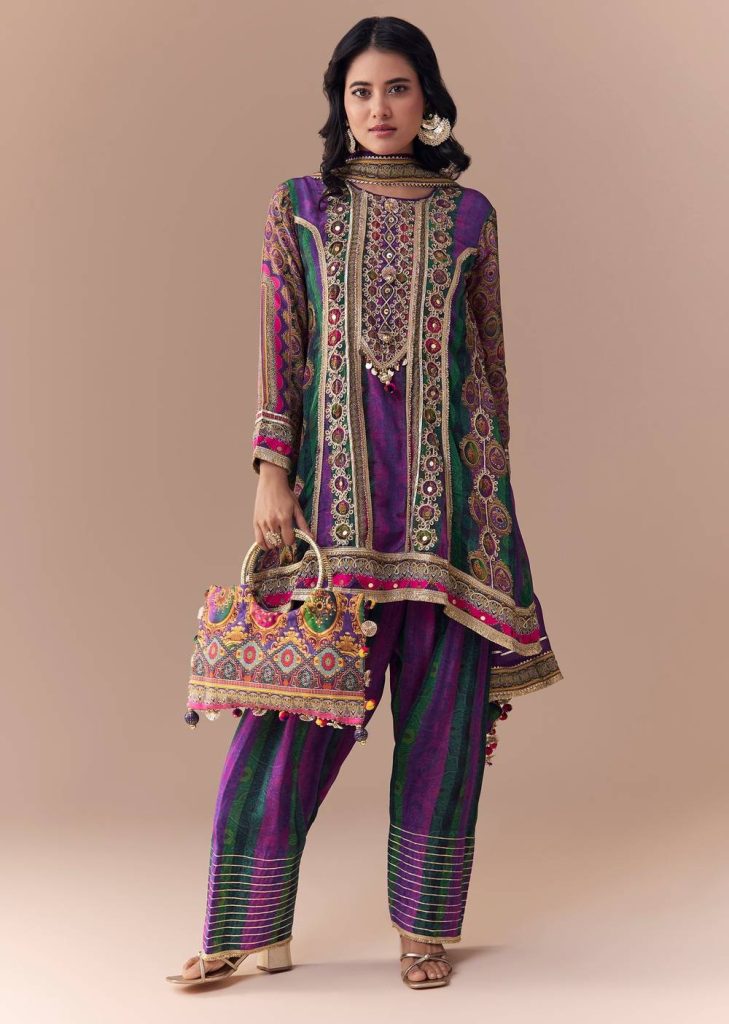Purple Indie Print Kurti Patiala Suit Set with Handbag

