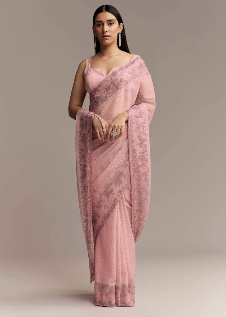 Pink Chiffon Saree With Cutwork Border And Embellished Stones

