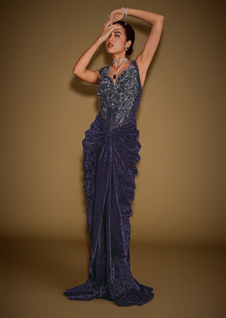 Navy Blue Sleeveless Velvet Corset Drape Gown With 3D Embellishments

