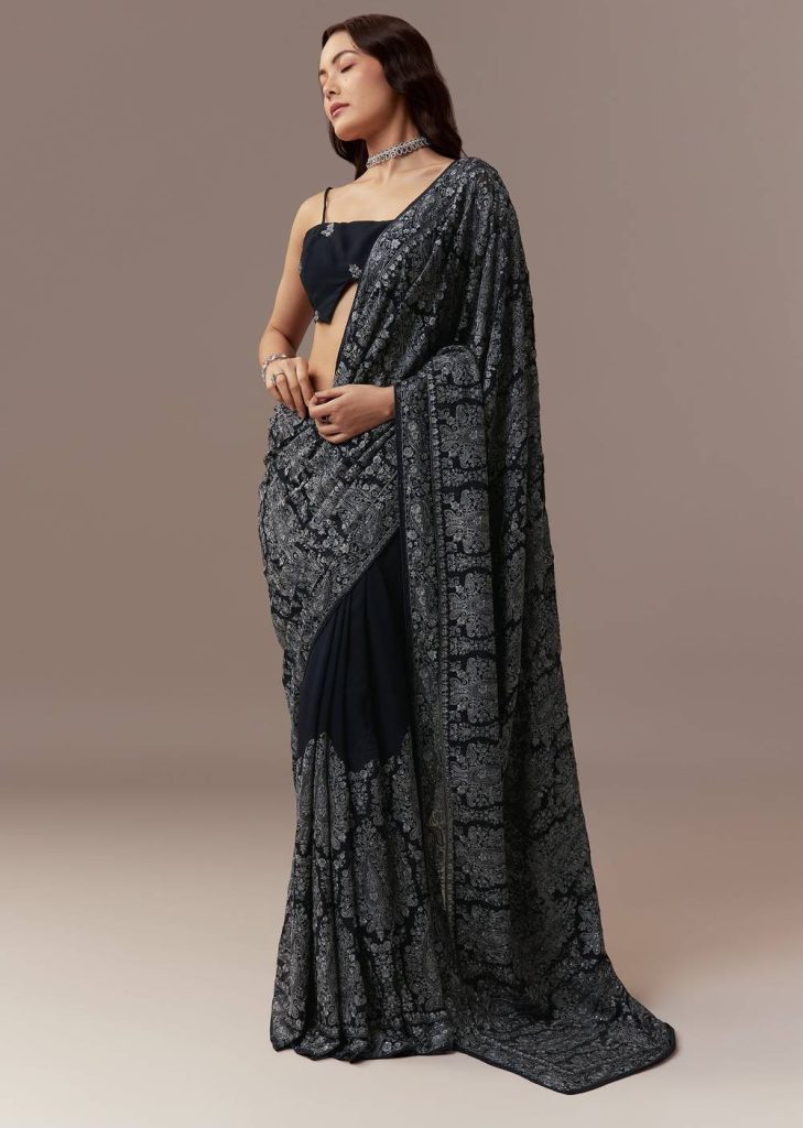 Navy Blue Georgette Saree With Resham Thread And Cutdana Embroidery

