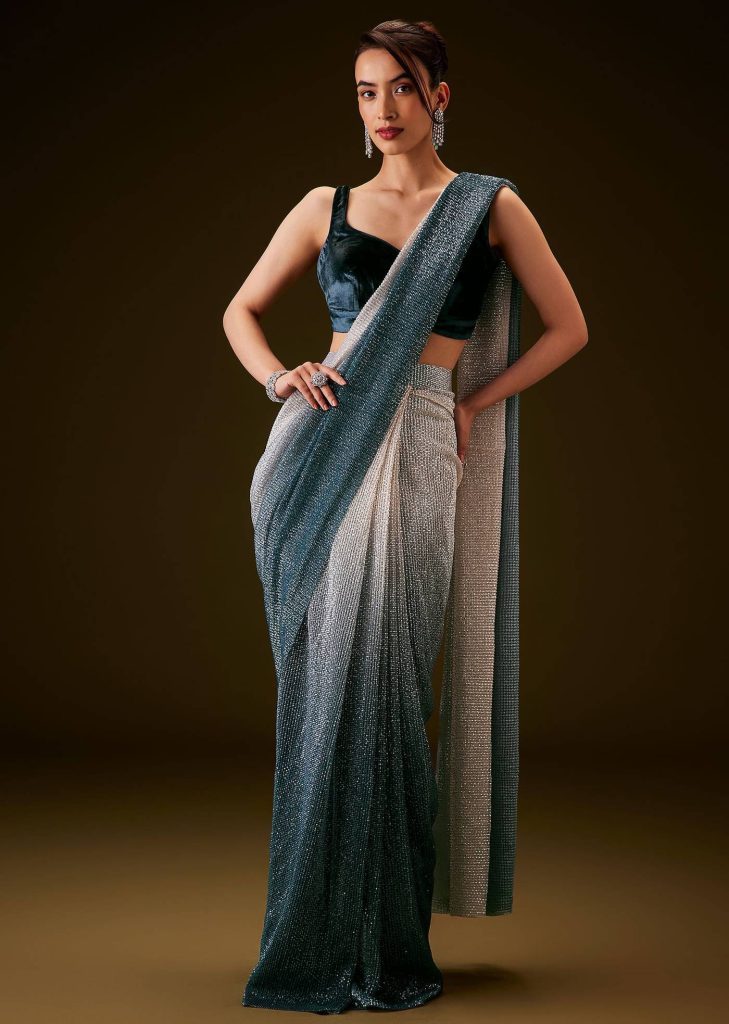 Teal And Cream Ombre Sequin Velvet Saree

