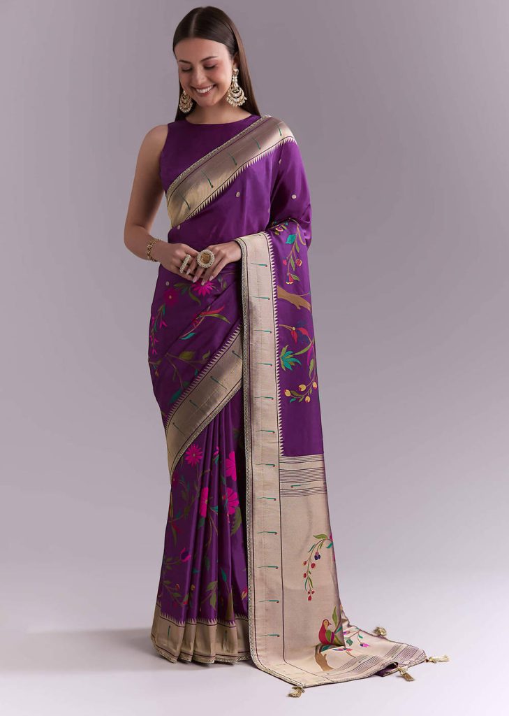 Purple Silk Muniya Paithani Saree With Booti And Zari Work

