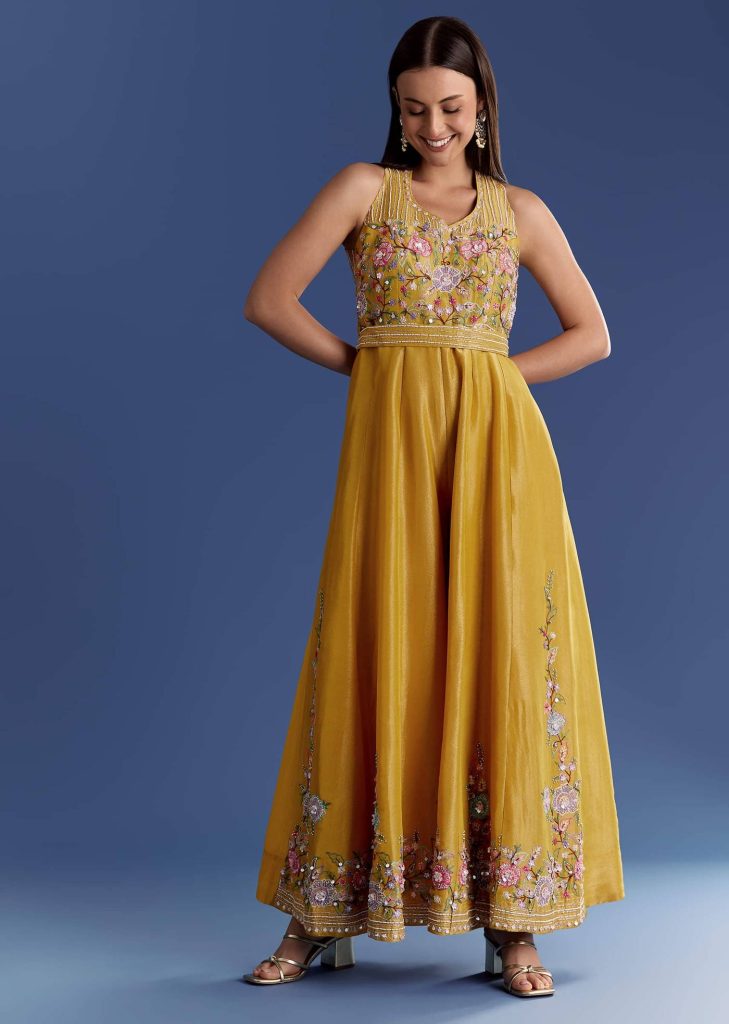 Yellow Tissue Jumpsuit With Moti And Cutdana Belt

