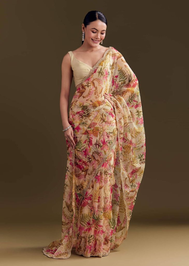 Beige Organza Saree With Beaded Border And Floral Print

