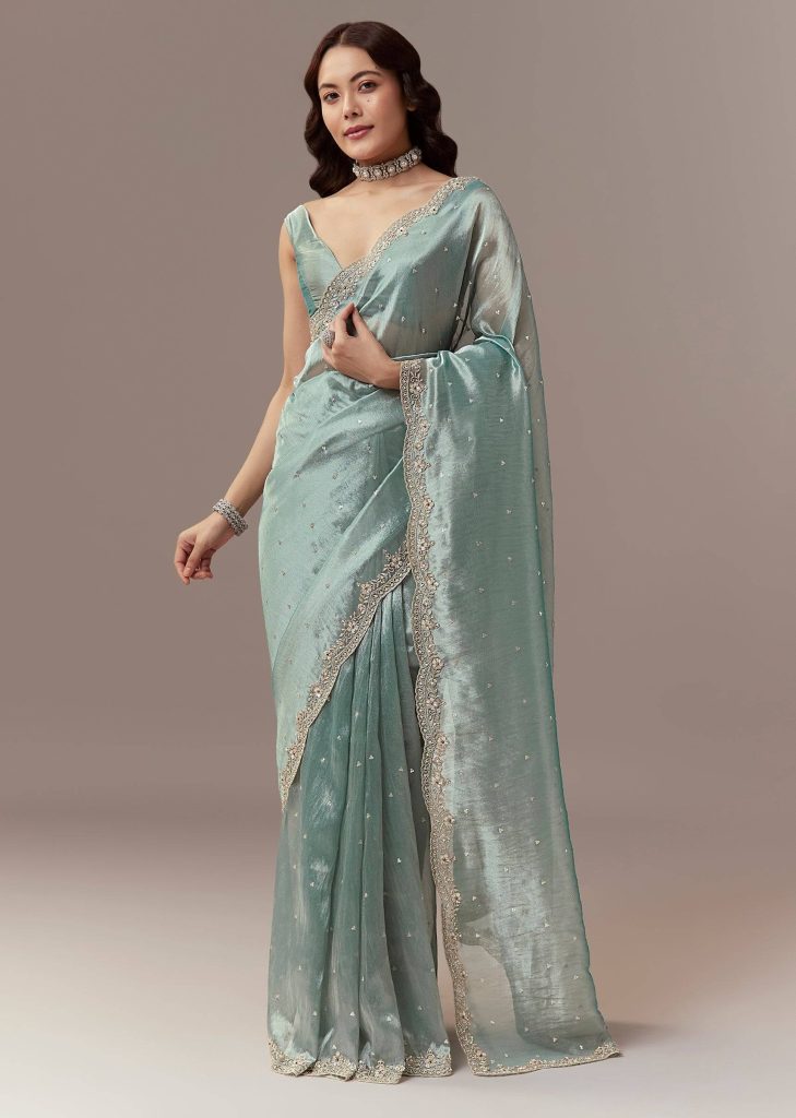 Light Blue Tissue Silk Saree With Cutdana Beads And Sequin Embroidery

