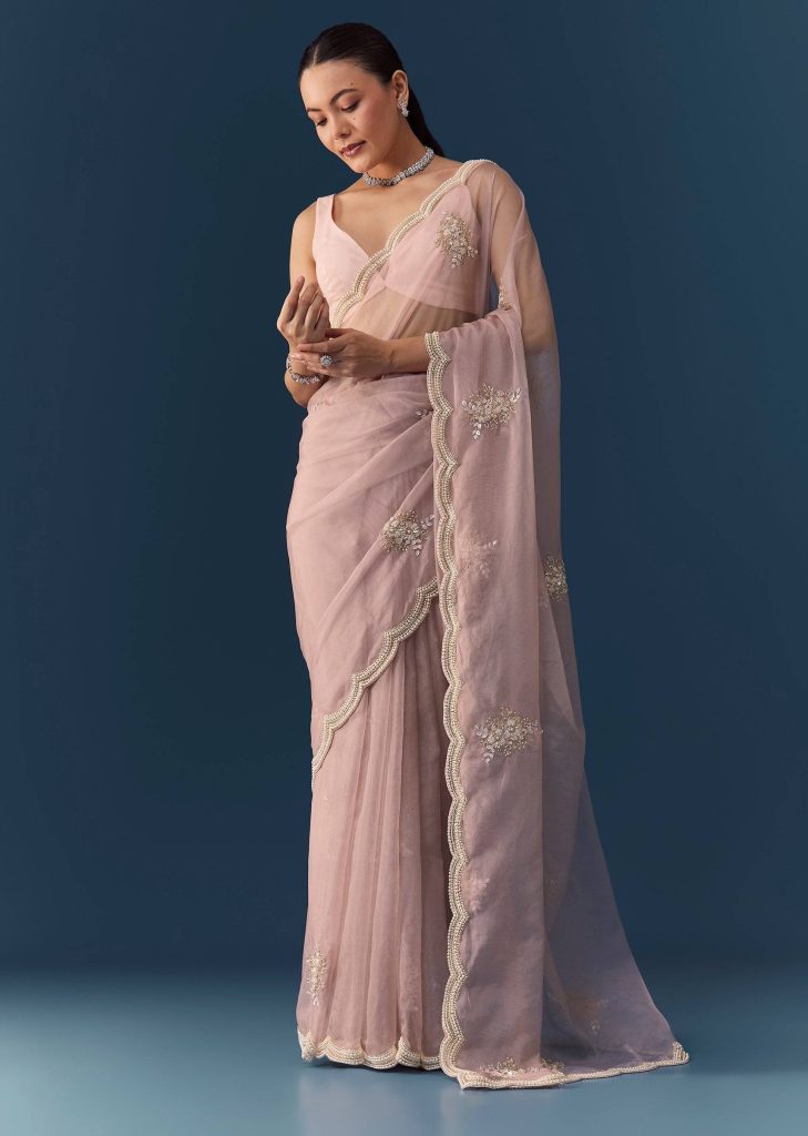 Pink Organza Embroidered Saree with Blouse Fabric