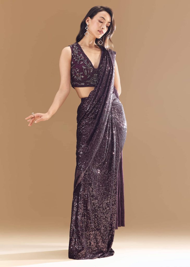 Gold Ready Pleated Sequin Net Saree with Blouse