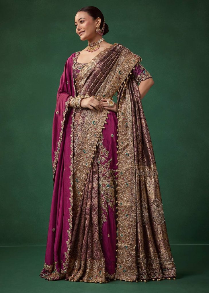 Wine Bridal Kanjivaram Silk Cutdana Work Saree with Unstitched Blouse