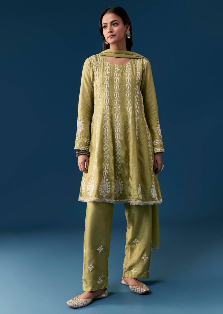 Mehendi Green Pastel Pakistani Style Peplum Anarkali Suit With Thread Work

