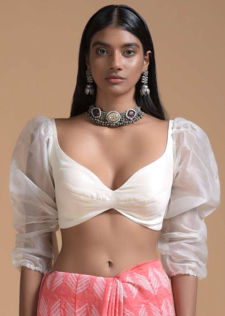 Off White Blouse In Raw Silk With Fancy Puffed Organza Sleeves And Sweetheart Neckline