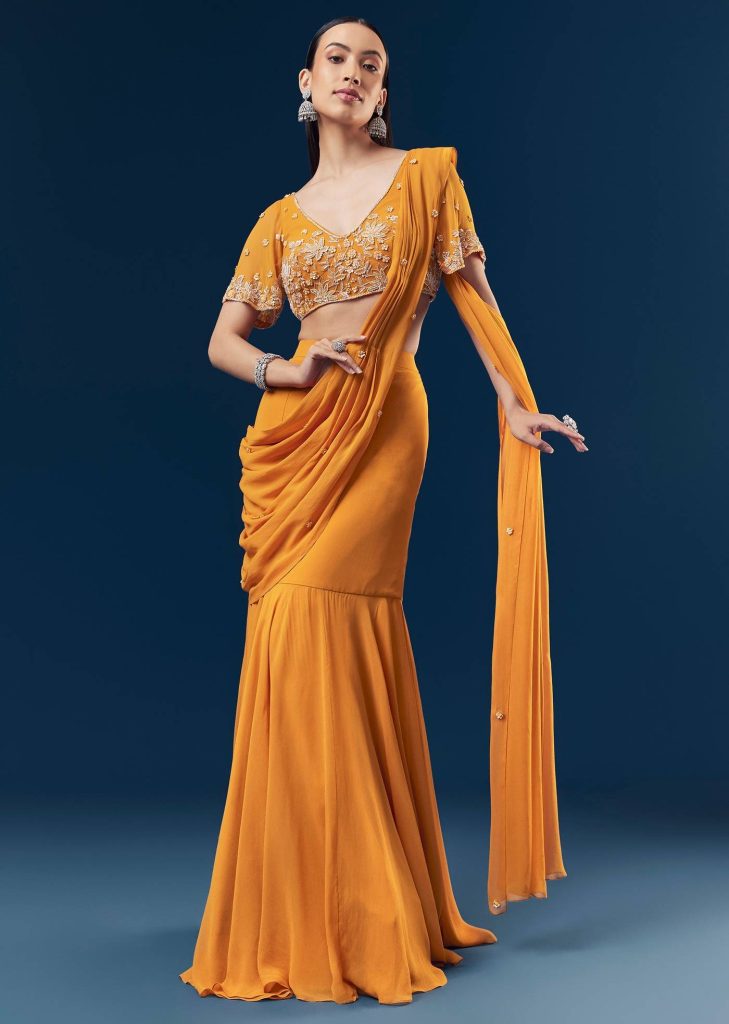 Orange Georgette Fish Cut Ready Pleated Indo Western Saree With Embroidered Blouse And Cut Dana Sequin And Pearl Detailing