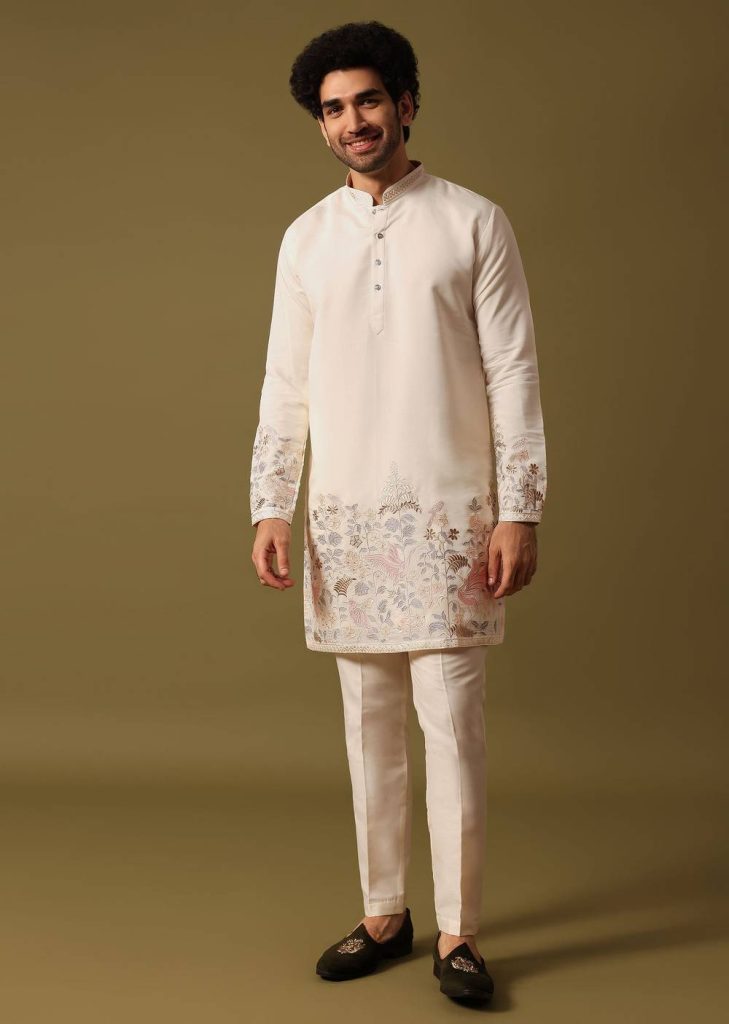 Off White Kurta Set In Resham Work For Men