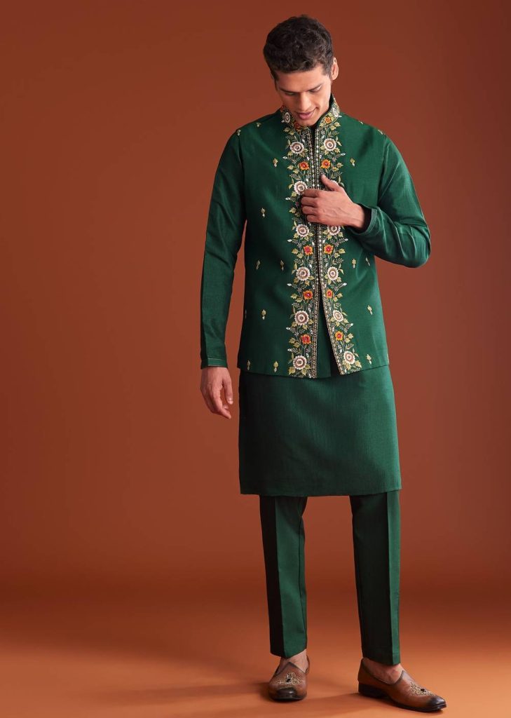 Bottle Green Silk Kurta Jacket Set With Multi Thread And Mirror Work