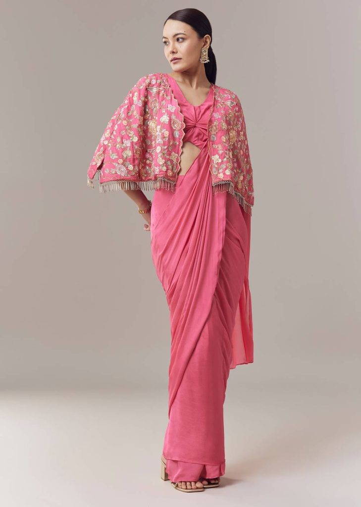Pink Ready Pleated Saree With Cape Blouse And Resham And Sequins Wor
