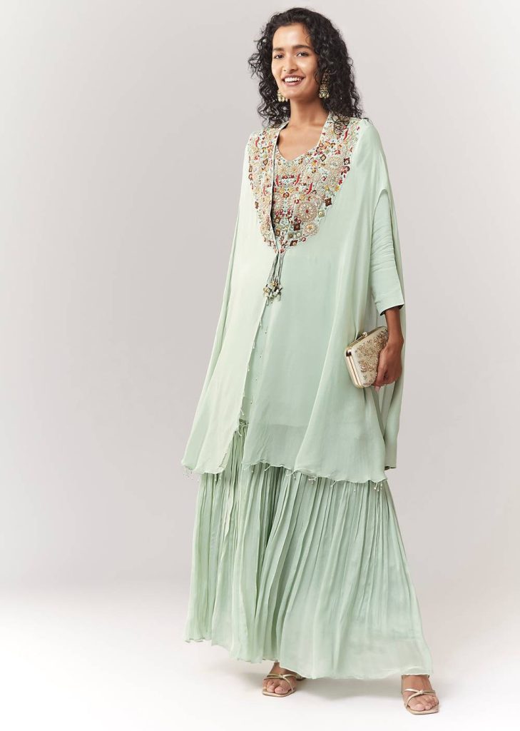 Mint Blue Kurta Cape Sharara Set With Thread And Zardosi Work

