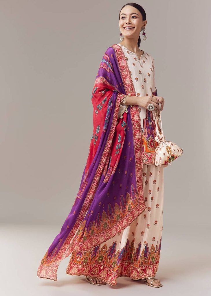 Baby Pink Sharara Suit In Indie Print With Mirror And Gotta Work And Dupatta